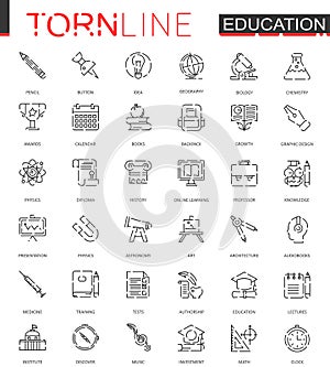 School education thin torn line web icons set. Outline dashed stroke icon design.