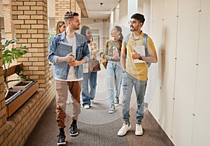 School, education and university students, people or group walking to class in campus community and studying. Diversity