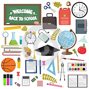 School and education workplace items. Vector flat illustration of school supplies.