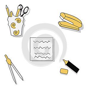 School and education workplace items. Vector flat illustration of school supplies. Isolated school, education workspace accessorie