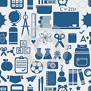 School and educational icons, background, and seamless pattern