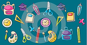 School elements clip art set in cartoon style.