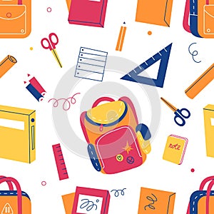 School elements seamless pattern. Color educational equipment, kids stationery print, satchel, scissors and textbooks