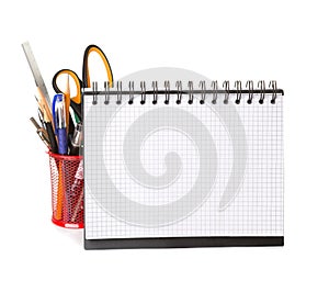 School equipment with pencils, notebook.