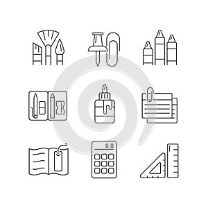 School essential equipment linear icons set