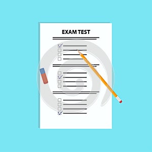 School exam test with pen and eraser.Flat vector illustration.