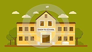 School facade building, yellow house. Back to school, education concept. College, university, academy. Vector flat