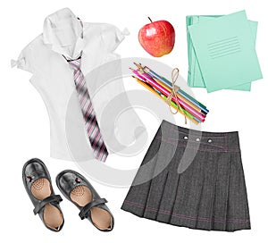 School female uniform clothing elements isolated on white background