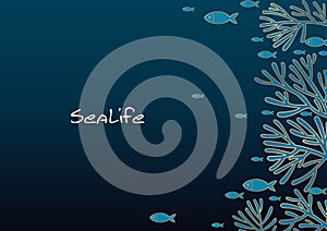 School of fish with coral reef border in Classic blue and gold color vector background.