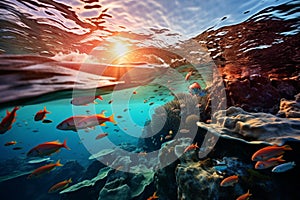 A school of fish darting around underwater coral reefs