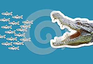 School of fish escaping predator crocodile jaws illustration