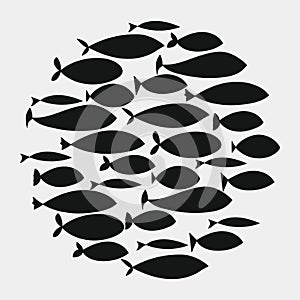 School of fish. A group of silhouette fish swim in a circle. Marine life. Vector illustration. Tattoo. Logo fishes.