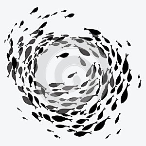 School of fish. A group of silhouette fish swim in a circle. Marine life. Vector illustration. Tattoo. Logo fishes.