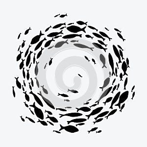 School of fish. A group of silhouette fish swim in a circle. Marine life. Vector illustration. Tattoo. Logo fishes.