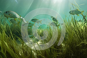 school of fish hiding among aquatic plants and seagrasses