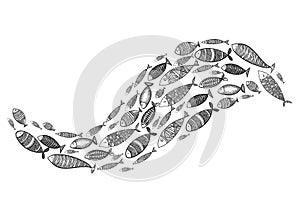 School of fish. Stylized group of stylized fishes swimming in the pack. Decorative aquarium fish with patterns.