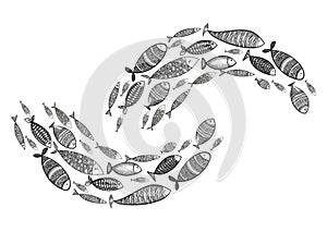 School of fish. Stylized group of stylized fishes swimming in the pack. Decorative aquarium fish with patterns.