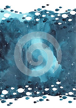 School of fish are swimming on the night sky watercolor hand painting background.