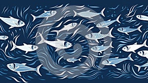 School of fish swimming under water of sea. Underwater life. World ocean day concept. AI illustration for banner