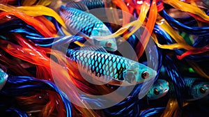 School of fish swimming under water of sea. Underwater life. World ocean day concept. AI illustration for banner