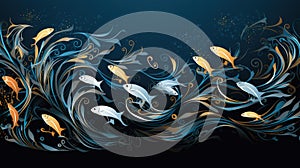 School of fish swimming under water of sea. Underwater life. World ocean day concept. AI illustration for banner