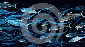 School of fish swimming under water of sea. Underwater life. World ocean day concept. AI illustration for banner