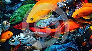 School of fish swimming under water of sea. Underwater life. World ocean day concept. AI illustration for banner