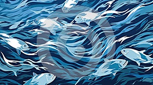 School of fish swimming under water of sea. Underwater life. World ocean day concept. AI illustration for banner