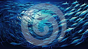 School of fish swimming under water of sea. Underwater life. World ocean day concept. AI illustration for banner