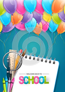 School flyer or poster with colorful flying balloons and study supplies for kids