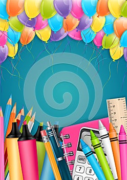 School flyer or poster with colorful flying balloons and study supplies for kids