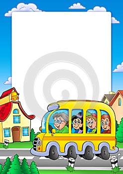 School frame with bus and kids