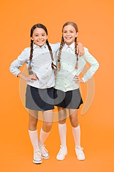 School friendship. Schoolgirls best friends excellent pupils. Schoolgirls tidy appearance school uniform. September