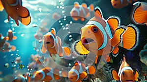 A school of funky clownfish sporting the latest trend tiedye scales and bejeweled fins as they pose for the cameras on photo