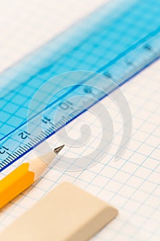 School geometry supplies pencil, rubber and ruler