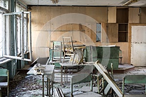 School in Ghost City of Pripyat, Chernobyl exclusion zone. Nuclear catastrophe photo