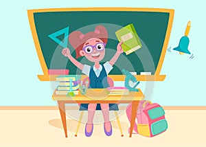 School girl in class with a blackboard, back to school concept, cute characters. Vector illustration in flat style