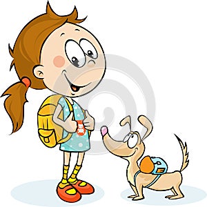 School girl and dog with schoolbag - vector photo