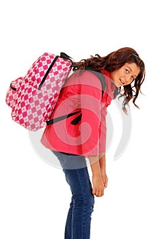 School girl with overweight backpack