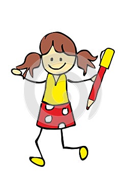 School girl with pen, red and yellow colors, happy kid, vector drawing, eps.
