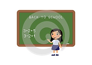 School girl standing at blackboard flat vector illustration