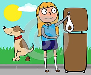 School girl throwing out dog's poo photo