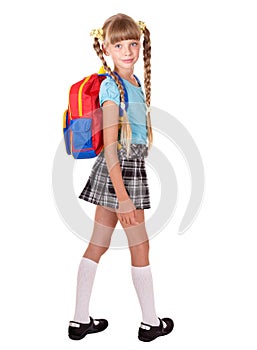 School girl in uniform with backpack.