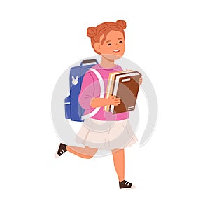 School girl walking with books and schoolbag. Happy kid first-grader going with bag and textbooks. Child schoolgirl running from