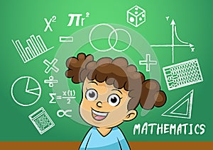 School girl write math sign object in school blackboard