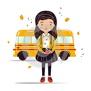 School girl and yellow school bus. Back to school kids cartoon vector illustration