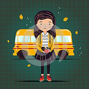 School girl and yellow school bus. Back to school kids cartoon vector illustration