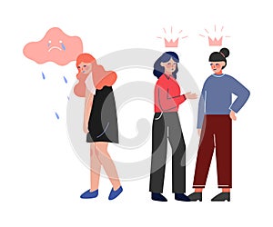 School Girls Bullying Their Depressed Classmate, Teenage Communication Problems Concept Vector Illustration