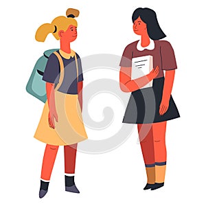 School girls having chat, talking classmates friends vector