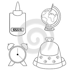 School glue, bag, clock, globe coloring page